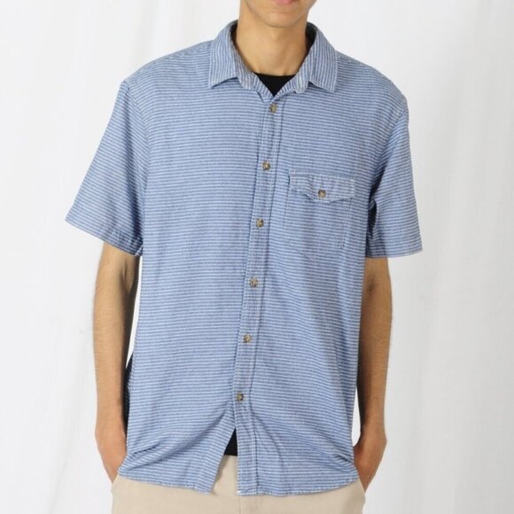 OLD NAVY Mens Blue White Chambray Stripe Short Sleeve Button Down Shirt SLIM FIT - Picture 1 of 11